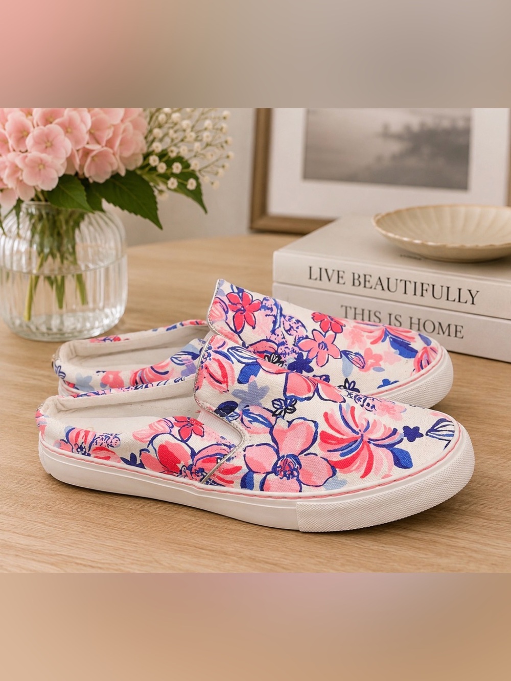 Lilly Pulitzer Julie Pink and Blue Floral Sneakers mules slipons size 9